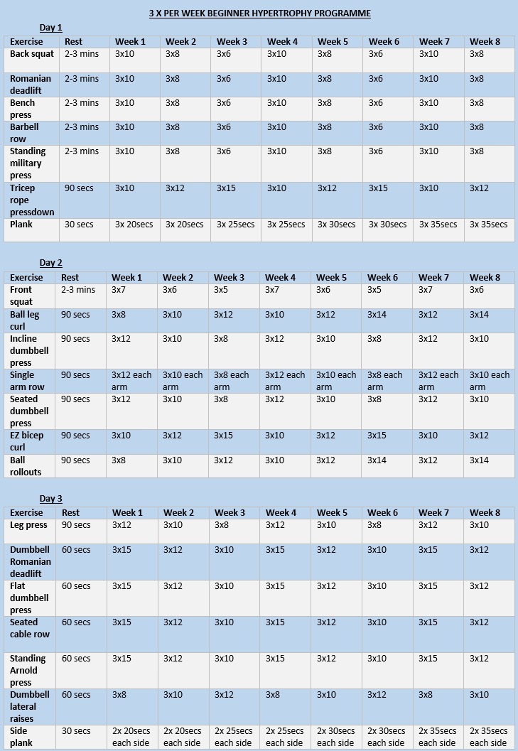 3 x Per Week Beginner Hypertrophy Programme Fit Performance